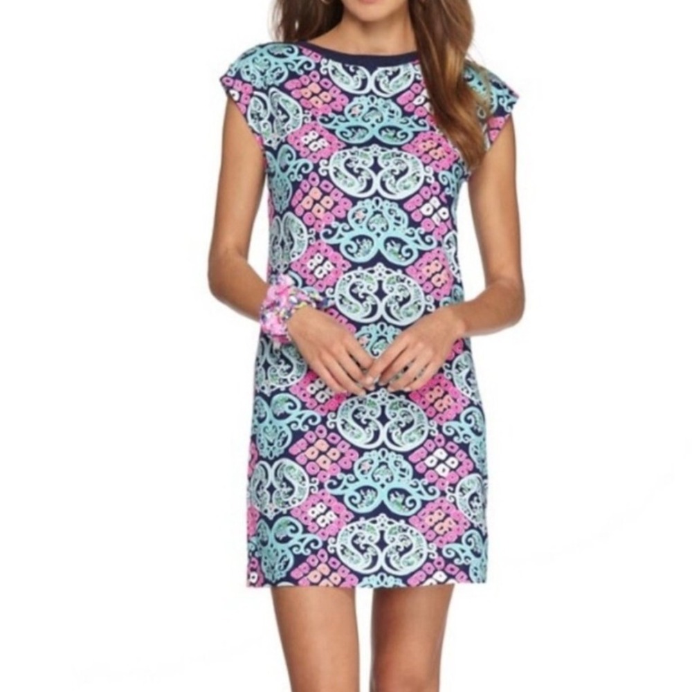 Lilly Pulitzer Pima Cotton Shift Dress Paisley Print‎ Gold Button Accents Sz L